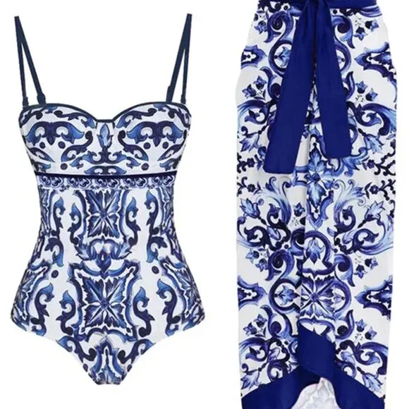 NEW Porcelain Pattern One-Piece Swimsuit and Cover Up Skirt, Size M - Picture 3 of 17